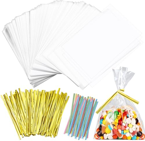 Tigvio 200pcs Cellophantüten 8x12cm Kleine Tüten für Süßigkeiten, Cellophantüten Klein Klarsichttüten zum Befüllen Plastiktüten Klein mit 100 Metallbänder & 100 Tupfenband, Geschenktüten Transparent