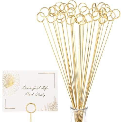 30Pcs Floral Card Holder Picks-Wire Place Card Holder for Wedding-Metal Photo Picture Clip Holder-Table Name Number Holder,Memo Note Holder for Flower Arrangement,Wedding,Baby Shower,Party,Decorations (Gold, Round)