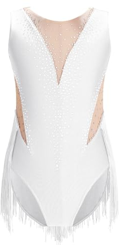 ranrann Enfant Fille Justaucorps Gymnastique Frangé Strass Combinaison Gym Tenue Danse Latine Patinage Artistique Costume Spectacle 5-16 Ans A Blanc 11-12 ans