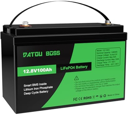 DATOUBOSS 12V 100Ah LiFePO4 litiumbatteri med förbättrat 100A BMS, 4500–15000 djupa cykler, 1280Wh energi, stöd i serie/parallell krets, LiFePO4 batteri för off-grid, husbil, båtar, solpanel