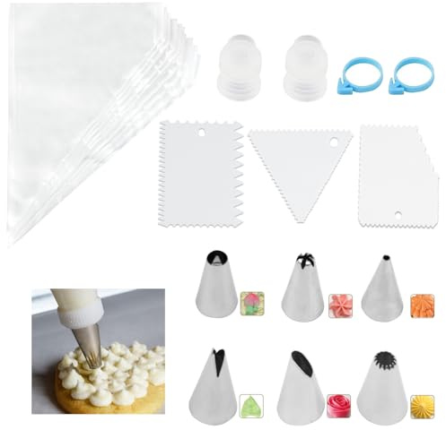 SHBAOCH Spritzbeutel Set 100 Stück 31×21cm Profi Einweg Spritzbeutel+6 Spritztüllen+2 Kuchentüllen+2 Spritzbeutel-Oberseiten-Gummibänder+3 Schaber für Backzubehör Torten Dekoration Cupcakes