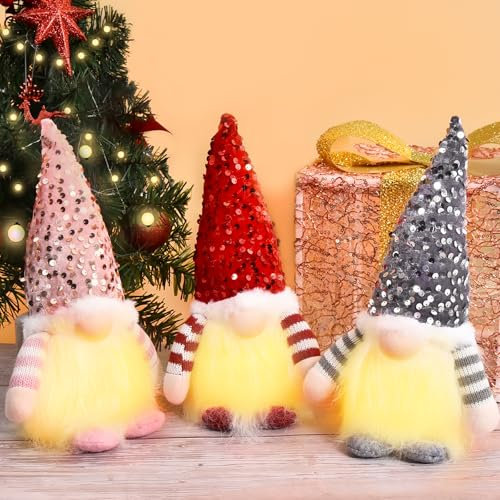 Aragallant 3 Stück Weihnachtsdeko Wichtel LED, Beleuchtet Mit Licht, Figuren LED, Plüsch Mit Santa Hat, Weihnachten Dekoration Innen (3PCS)