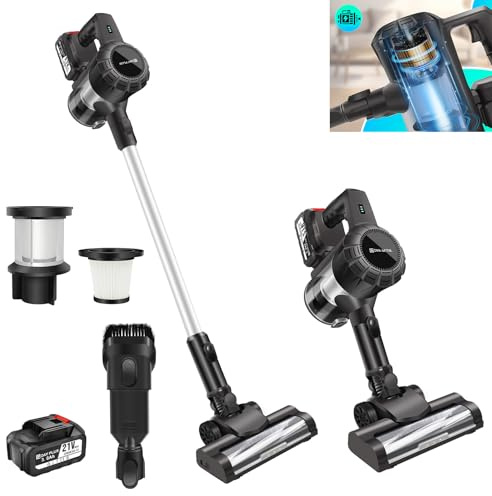 Aspirateur à tige puissant 15 000 Pa avec batterie et support mural, aspirateur sans fil à deux vitesses et LED, aspirateur ménager autonome pour poils d'animaux, tapis, sol