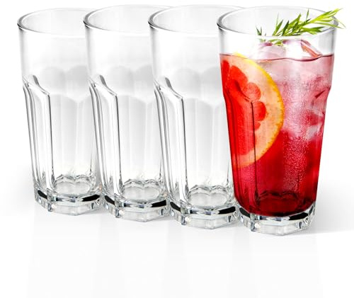 ALIMOTA Set de 4 Trinkgläser stapelbar für Camping, Kunststoffgläser, Bruchfest, Geeignet für kalte und heiße Getränke, Spülmaschinenfest, Für Familie, Party und Restaurant (340 ml)