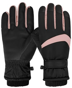 Andiker Gants de ski imperméables pour femme - Gants thermiques d'hiver avec polaire - Coupe-vent - Pour le ski, la course à pied et le cyclisme - Noir/rose