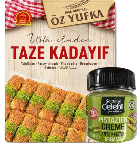 Pufai - Ozyufka Fresco Hilos de Masa Kataifi Kadayıf Shredded Fillo Masa Pastelería Kadaifi Hilos Taze Kadayif para chocolate Dubai 400 gr con crema de pistacho 200 gramos