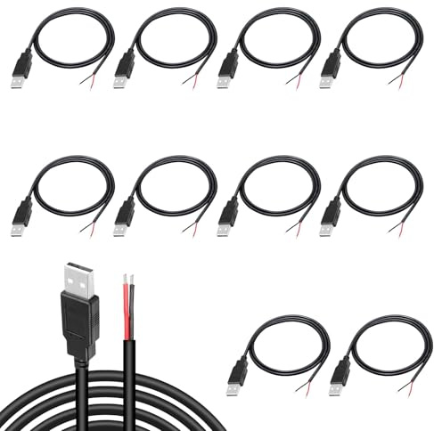 KARELLS USB Pigtail 10 Stück,2 adriges USB 2.0-Kabel,2-poliger blanker Draht mit offenem Ende,0,3 m langes USB Steckerkabel,Stecker Stromkabel,Verlängerungskabel,Stromladekabel