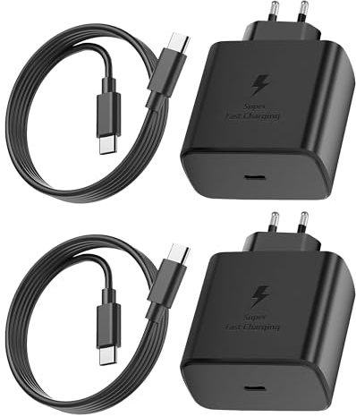 Lot de 2 chargeurs Ultra Rapides 45 W pour Samsung Galaxy S25/S25+/S25 Ultra/S24/S24 Ultra/S23/S23 Ultra/S22/S21/S20/A55/A54/A15/A14, Prise USB-C avec câble de Recharge USB Type-C de 1,8 m