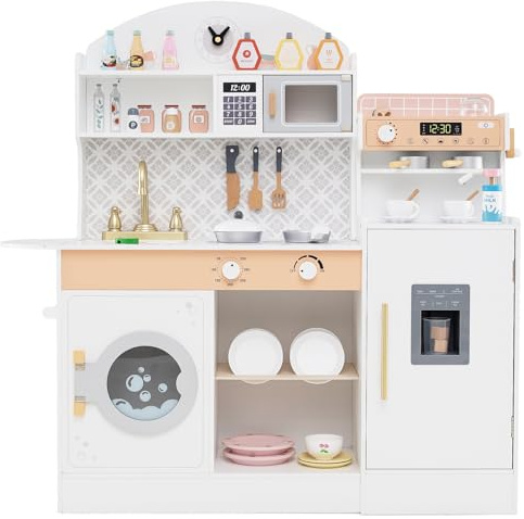 DREAMADE Kinderküche aus Holz mit Kaffeemaschine Eiswürfelmaschine Waschmaschine Mikrowelle, Kinder Küche Spielzeugküche, Spielküche mit 27 TLG. Zubehör für Kinder ab 3 (Weiß)
