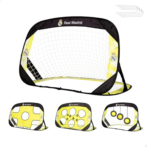COLORBABY Real Madrid portería Pop-up fútbol 4 en 1, 120 x 80 x 80 cm, Incluye Paneles con dianas y Bolsa de Transporte, Montaje rápido, para Jugar en Exterior, Desde 3 años (77593)
