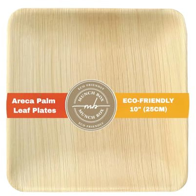 MUNCH BOX Disposable Plates, 10 Square Areca Palm Leaf Plates Eco-Friendly – Biodegradable, Compostable, Microwave Like Wooden, Bamboo Bowls for Party, Hot Food, Soups, and Events (50 Pcs)