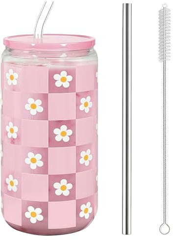 AuraFusion Aesthetic Stuff – 16 oz Taza de Vidrio con patrón de Flores con Tapa y Pajita, diseño de Cuadros Rosas, Regalo para Mujeres, Ideal para café, Batidos y más