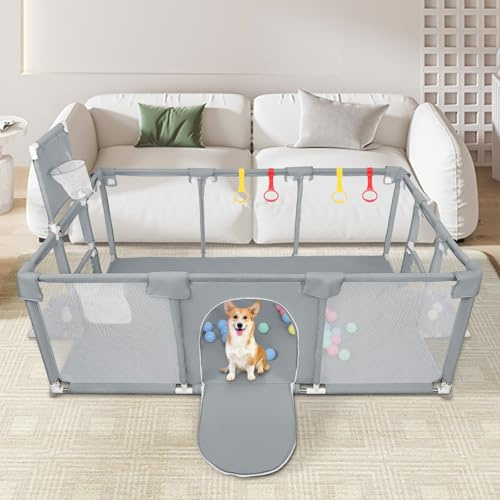 Laufgitter für Babys, großer Laufstall für Kleinkinder, Aktivität für Kinder mit Ball, modular, faltbar, mit Reißverschlusstür, Basketballgestell, mit 4 Saugnäpfen, 180 x 120 x 66 cm, Dunkelgrau