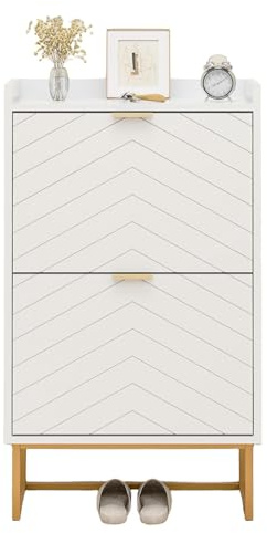 UEV Schuhschrank mit 2 Klappen Schmal, Schuhkipper 50x24x103,5cm (Weiß) | Schuhkommode mit Kippschutz & Verstellbare Trennwände für Verschiedene Schuhtypen, Flurschrank für Flur Wohnzimmer