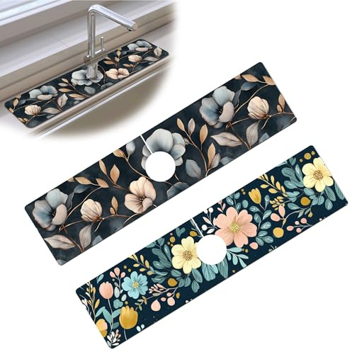 Bimkole 2 PCS Faucet Absorbent Mat, Kitchen Faucet Sink Splash Guard Wraparound Cloth Pads Drip Catcher for Sink Faucet for Kitchen Bathroom Faucet, Colorful Faucet Mat, 15 x 4 Inch Flower A4