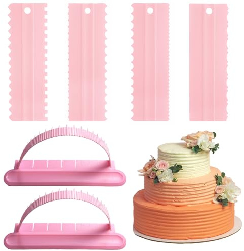 Lot de 6 grattoirs à gâteau et règle de guidage d'arche en plastique en dents de scie, mousse au beurre, fondant, outils de bord de gâteau pour cuisine, pâtisserie, bricolage (rose)