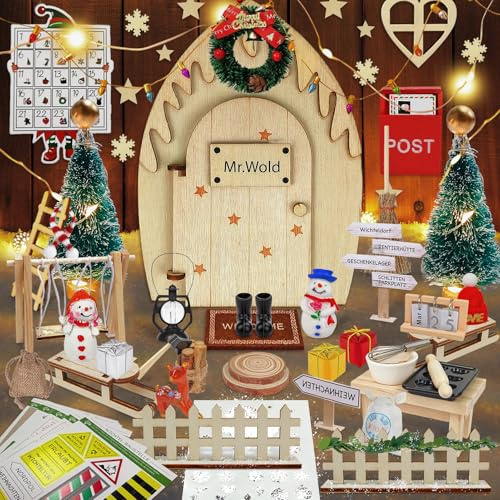 Wichteltür Set 92 PCS, Wichtel Zubehör Weihnachten, Wichtel Set Weihnachten Komplett, Wichtel Baustelle, Weihnachtswichtel Set mit LED, Wichtel Schablone, Fußabdrücke, Backset für Advent, Weihnachten