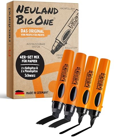 Neuland BigOne® Schwarzer Outliner I 4er Flipchartmarker Set Keilspitze 6-12 mm & Pinselspitze 2-15 mm I Nachfüllbarer Permanentmarker für Moderatoren & Coaches I Ergonomischer & langlebiger Marker