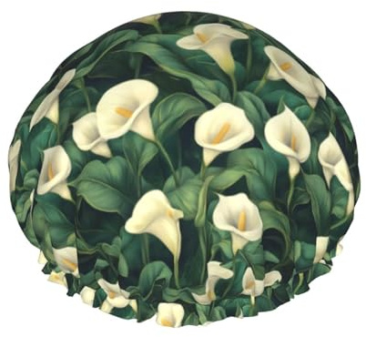 Grand bonnet de douche réutilisable pour femme - Imprimé lys calla blanc - Confortable et tendance - Double couche - Avec corde élastique et doublure en PEVA