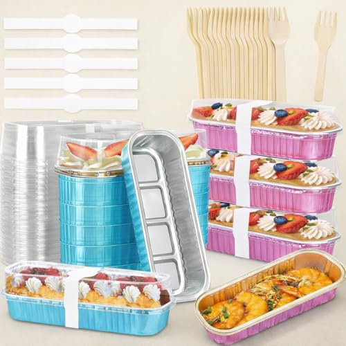 BAAZ 120pcs Mini Loaf Pans with Lids and Spoons, 200ml Rectangular Aluminum Foil Baking Pans Mini Cake Tins Containers with Sealing Sticker for Bread Cake Wedding Birthday Picnic Party (Pink, Blue)