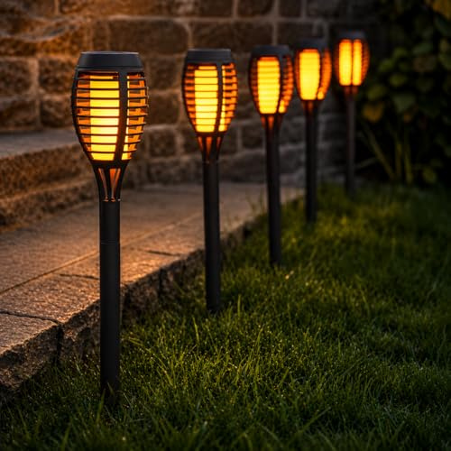 Festive Lights - Pack of 5 Solar Grey Dancing Flame Effect Torch Stake Lights - 60 Amber LEDs, 47cm Height, IP44 Rated, Integrated Panel - Battery Included, Outdoor Garden Border Pathway Lighting