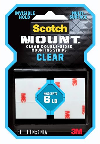 3M Clear Scotch-Mount Double-Sided Mounting Tape, Strips & Squares: 1 in x 3 in. (Clear) / 8-strips