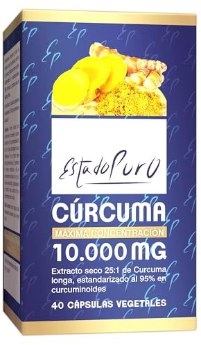 Cúrcuma Estado Puro 10000mg | 40 Cápsulas | Cúrcuma con Pimienta Negra de Máxima Concentración y Absorción | Antinflamatorio Natural | Tongil