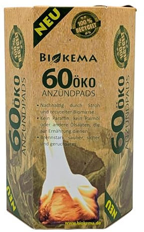 Biokema Öko Anzünderpads 60 Stück (nachhaltig durch Stroh & recyceltes Biowachs) | Kaminanzünder | Grillanzünder | Feuerstarter