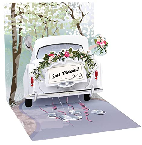 Up With Paper® Hochzeitskarte Pop Up 3D - (1 Stück) - Karte Quadratisch - Wedding Car mit Leuchtenden Details – Handgemacht, Quadratische Karte mit Umschlag & Schreibfläche