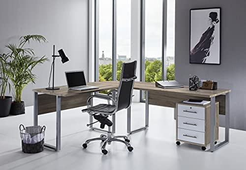 BMG Möbel Office Edition Tabor Schreibtisch Winkelschreibtisch mit abschließbarem Rollcontainer in Eiche Sonoma/Weiß 205 * 177 cm Arbeitsfläche