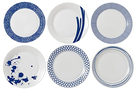 Royal Doulton 40034435-Large Set of 6, Pacific Blue Collection Tableware Perfect for Breakfast, Lunch and Dinner-Blue & White Plates, 29cm, Porcelain