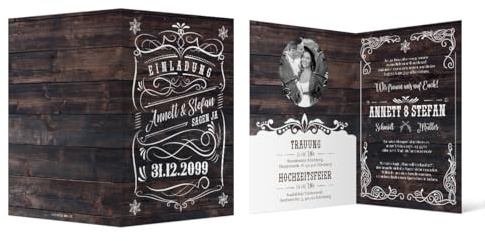Personalisierte Foto Hochzeitseinladungen Holz Western ab 10-100 Stück selbst individuell gestalten, DIN A6 148x105mm Klappkarte mit eigenem Bild, dickes Papier