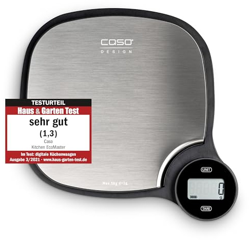 Caso Kitchen EcoMaster - Design Küchenwaage, Testurteil: Sehr Gut, digitale Küchenwaage, batterielose Nutzung durch kinetische Energie, Wiegeskala bis 5 kg, silver