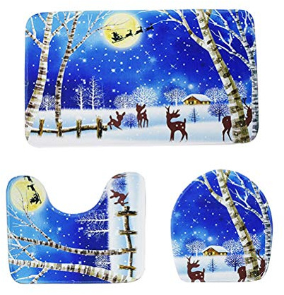 TOPBATHY Weihnachts Wc-Sitzbezug Set 3-Teilig Toilettendeckel Bezug Und Badvorleger Aus Polyester rutschfeste Badezimmermatte Mit Weihnachtsmotiv Waschbar Und Feuchtigkeitsabsorbierend