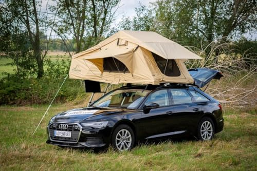 Adventure Xperience Adventurer140 PKW Dachzelt inkl. 140 x 240 Matratze (60 mm stark) + 3D Mesh; Teleskopleiter bis 2,1m KFZ Höhe; KFZ Softcover Klappdachzelt 140 cm