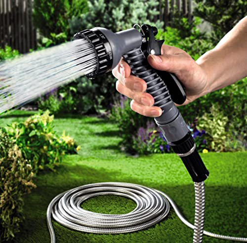 75ft Bergman Stainless Steel Hose with 7 Function Spray Gun Nozzle – Lightweight Flexible Kink Free Rustproof Peirce & Puncture Resistant Outdoor Garden Metal Hosepipe for Plant & Lawn Watering
