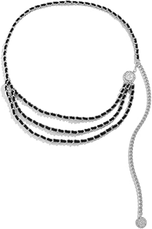 Mesnt Kettengürtel für Frauen Taillenkette für Kleid Taillenkette, Bauchkette, Hüftkette, Kettengürtel, Körperkette Taillenkette Damen Dreilagige Kette mit Anhänger, Silber Schwarz-Stil 3