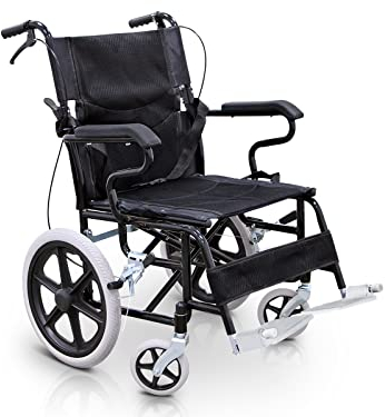 QUIRUMED Carrozzina pieghevole da trasferimento, Pedane pieghevoli e rimovibili, Cintura di sicurezza, Freni sulle maniglie, Fino a 120 kg