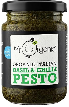 Mr Organic - Organic NAS Basil & Chilli Pesto 130g - Non GMO & Preservative Free - Gluten Free & Vegan - for Healthy Home Cooking - Pack of 1
