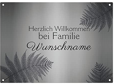 Print Royal Wetterfestes Türschild Familie mit Namen - Willkommen bei Familie Ihr Name - Familienschild personalisiert Haustür Schilder Familie mit Name | Metallschild mit Farn, 28x20 cm