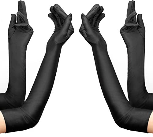 Moicainy Damenhandschuhe, Schwarz, Lang, Satin, Seide, 21 Zoll/53cm, Einfarbig, Pull-On, Frauen, Handschuhe, 2 Stück