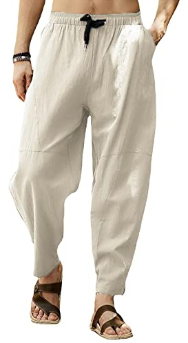 Cooleep Pantaloni Lino Uomo Estivi Casual Pantaloni Elasticizzati Leggeri da Yoga Spiaggia Khaki XL