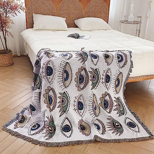 Menkala Kuscheldecke Boho Auge Muster Weiß Decke Sofadecke mit Fransen Tagesdecke 130 x 160 cm Strickdecke Wohndecke Couchdecke Deko für Sofa Büro Betten Reisen Wohnzimmer Schlafzimmer Sommer