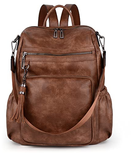 UTO Damen Rucksack Vegane Leder Mode Multifunktionsrucksack mit Quaste Lässige Schultertaschen mehres Kompartiment Große Kapazität Reißverschluss Umhängetasche Für Mädchen Reise Universität Braun