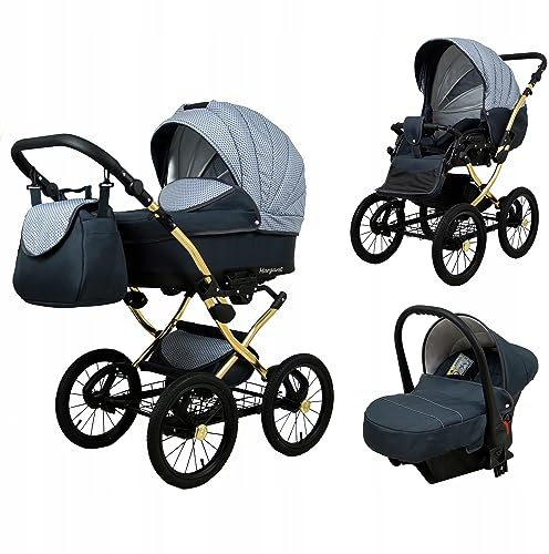 BabyLux® Kinderwagen Set 3 in 1 - Margaret Gold - incl. Babywanne, Buggy Sportsitz, Auto-Babyschale - Autositz - Kinderwagenset - Kombikinderwagen mit Wickeltasche, Regenschutz usw.