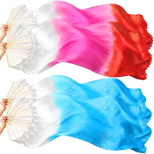 Jucoan 2 Pairs Belly Dance Fans 1.8M/6 Ft Long Bamboo Faux Silk Veils Fans for Women Dancers - Stage Performances, Worship Dance, Wedding Shows, Left & Right Hand, Gradient Color