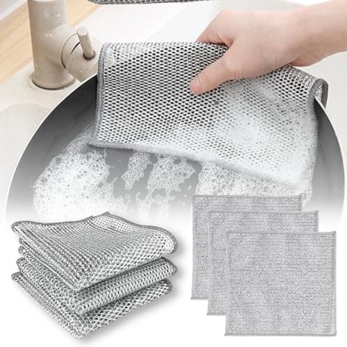 CKONXE Lot de 3 chiffons de vaisselle en fil métallique multi-usages pour cuisine humide et sèche, anti-rayures, rinçage facile, réutilisables, chiffons de nettoyage en fil métallique pour cuisine,