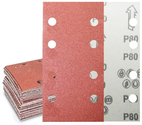 Senmai Tools Schleifpapier 93 x 185 mm Klett, Schleifblatt 8 Löcher, Schleifblätter Körnung 80, Schleifpapier für Schwingschleifer, für Schleifen von Hartholz, Farbe, auf Holz (30 Stück)