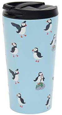 ECO CHIC Reusable Thermal Coffee Cup Stainless Steel Leakproof Insulated 330ml Travel Mug (Multi Puffin Blue)