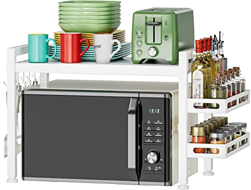 EKNITEY Microwave Shelf Stand - Expandable Countertop Microwave Stand - 2 Tier Pan Rack Microwave Oven Rack with Spice Organizer and 6 Hooks for Kitchen Counter